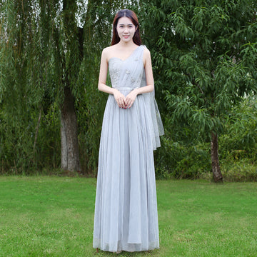 One Shoulder High Waist Lace Patchwork Long Pleated Party Bridesmaid Dress