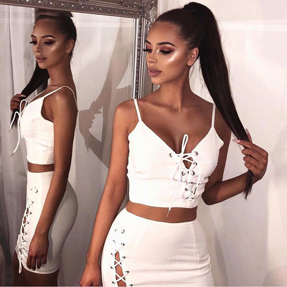 Lace Up Spaghetti Straps Crop Top with Short Skirt Two Pieces Dress Set