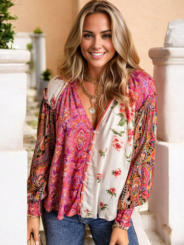 Women's Bohemian Patchwork V-Neck Long Sleeve Blouse with Mixed Floral and Paisley Print