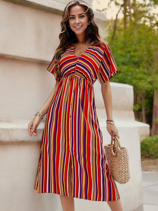 Short Sleeve Button Down Midi Dress with Colorful Stripes