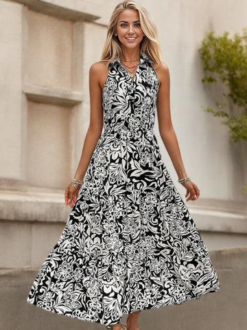 Halter Neck Maxi Dress with Black and White Floral Print