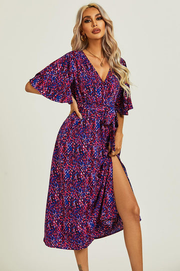 Angel Sleeve Wrap Top Midi Dress In Blue