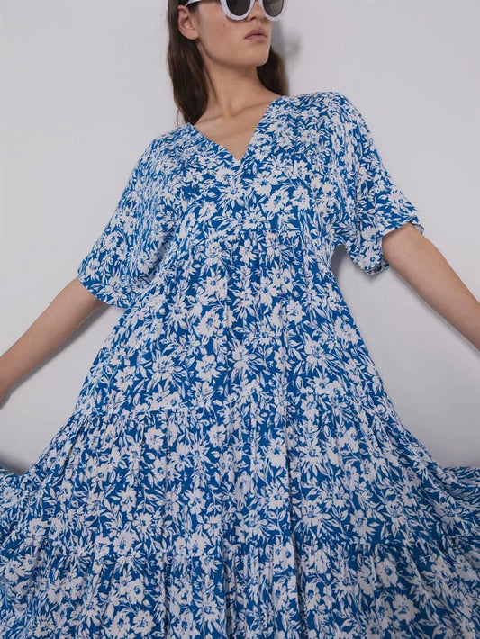 Midi Dress In Blue Floral Print