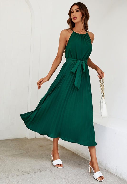 Halter Neck Top Pleated Midi Dress In Green