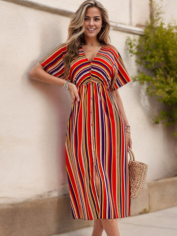 Short Sleeve Button Down Midi Dress with Colorful Stripes