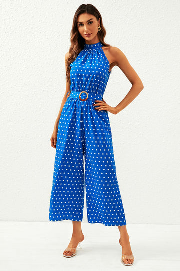 Polka Dot High Neck Jumpsuit In Blue