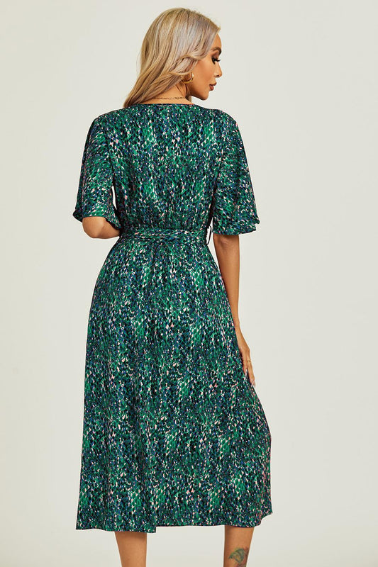 Angel Sleeve Wrap Top Midi Dress In Green