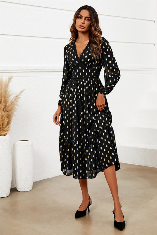 Lace Trim Foil Long Sleeve Maxi Dress In Black