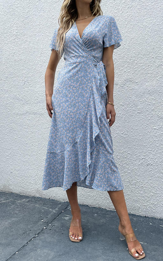 Floral Print Wrap Hem Midi Dress In Light Blue