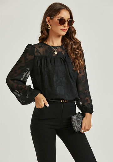 Long Sleeve Flocked Tulle Lace Top In Black