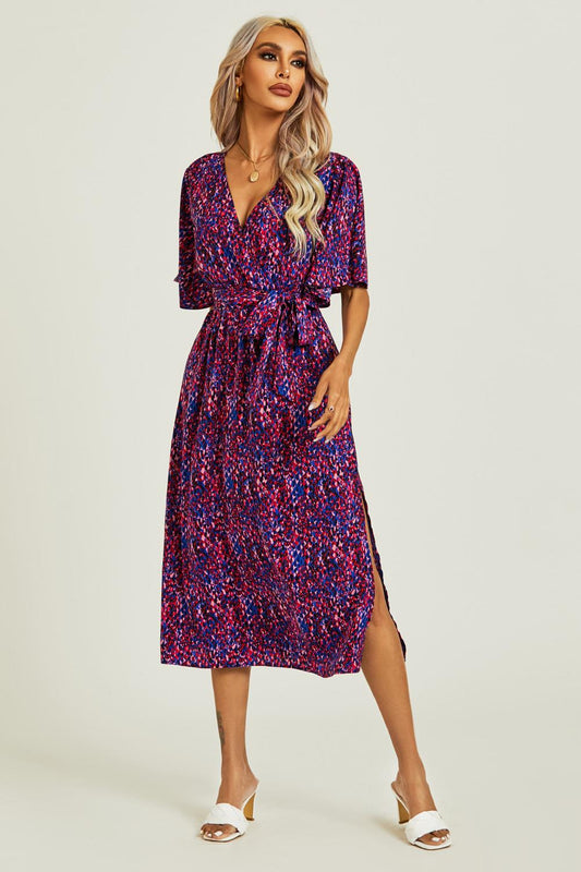 Angel Sleeve Wrap Top Midi Dress In Blue