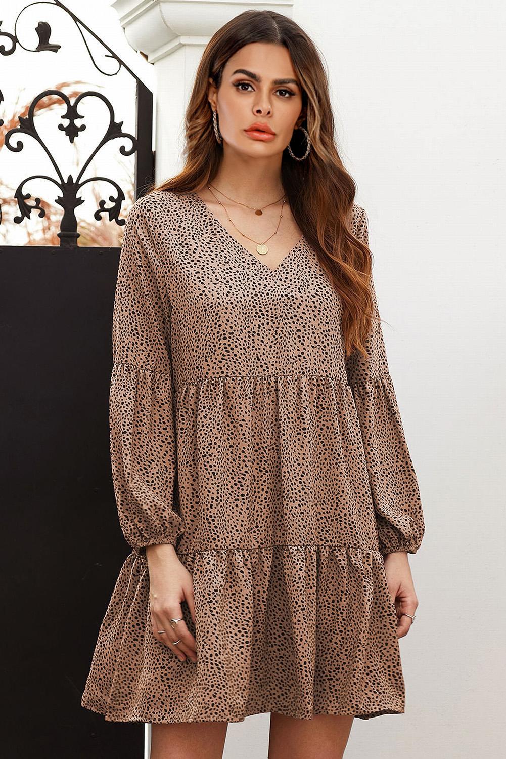 Leopard Tiered Long Sleeve Dress In Camel