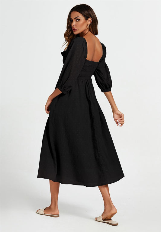 Frill Detail Square Neckline Midi Dress In Black