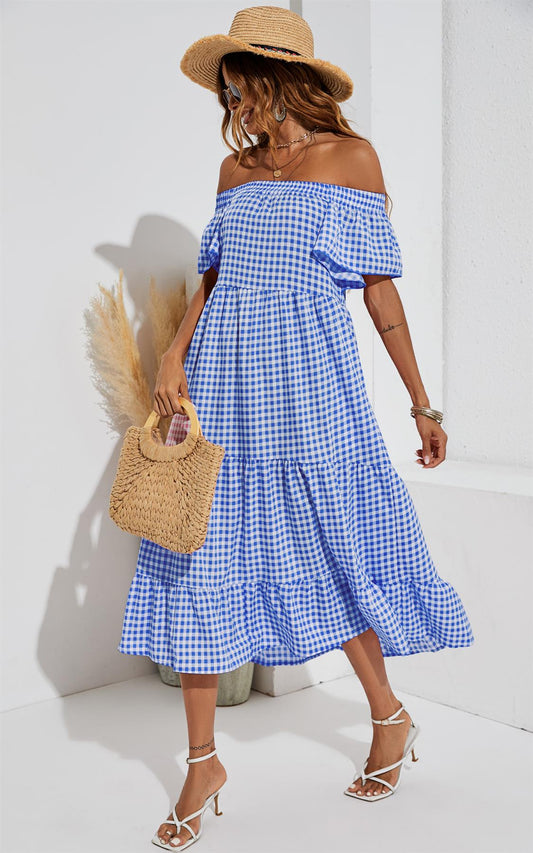 Relaxed Off Shoulder Bardot Frill Midi Dress In Blue