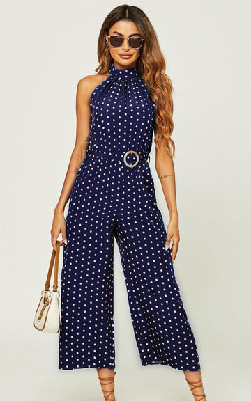 High Neck Jumpsuit In Navy Polka Dot