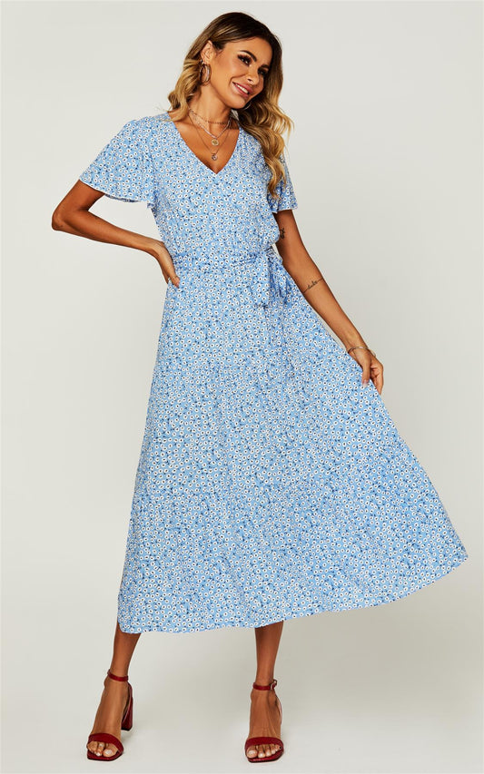 Floral Print Hem Tiered Wrap Midi Dress In Blue