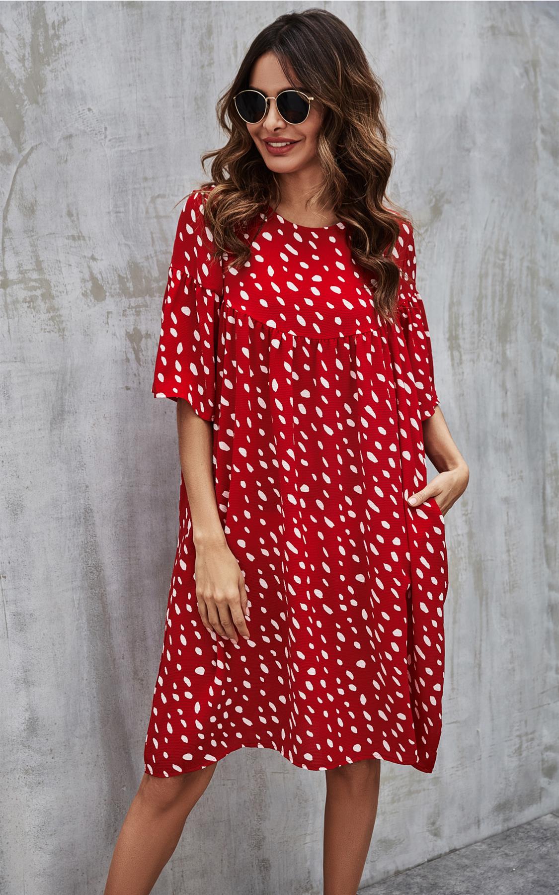 White Dot Short Sleeve Smock Dress In Red