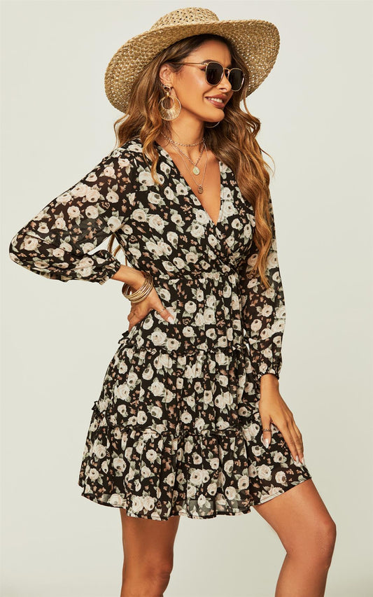 Long Sleeve Floral Layer Wrap Mini Dress In Black