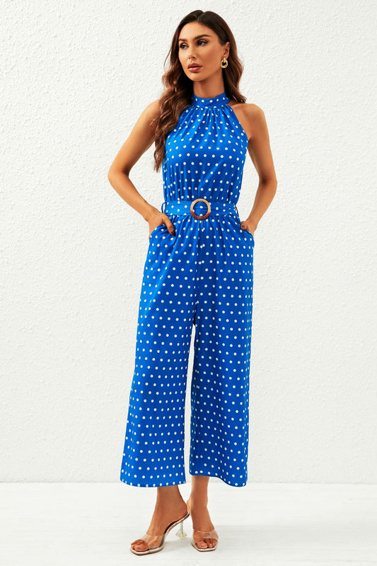 Polka Dot High Neck Jumpsuit In Blue