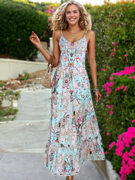 Boho Paisley Floral Printed Sleeveless V-Neck Ruffle Midi Dress