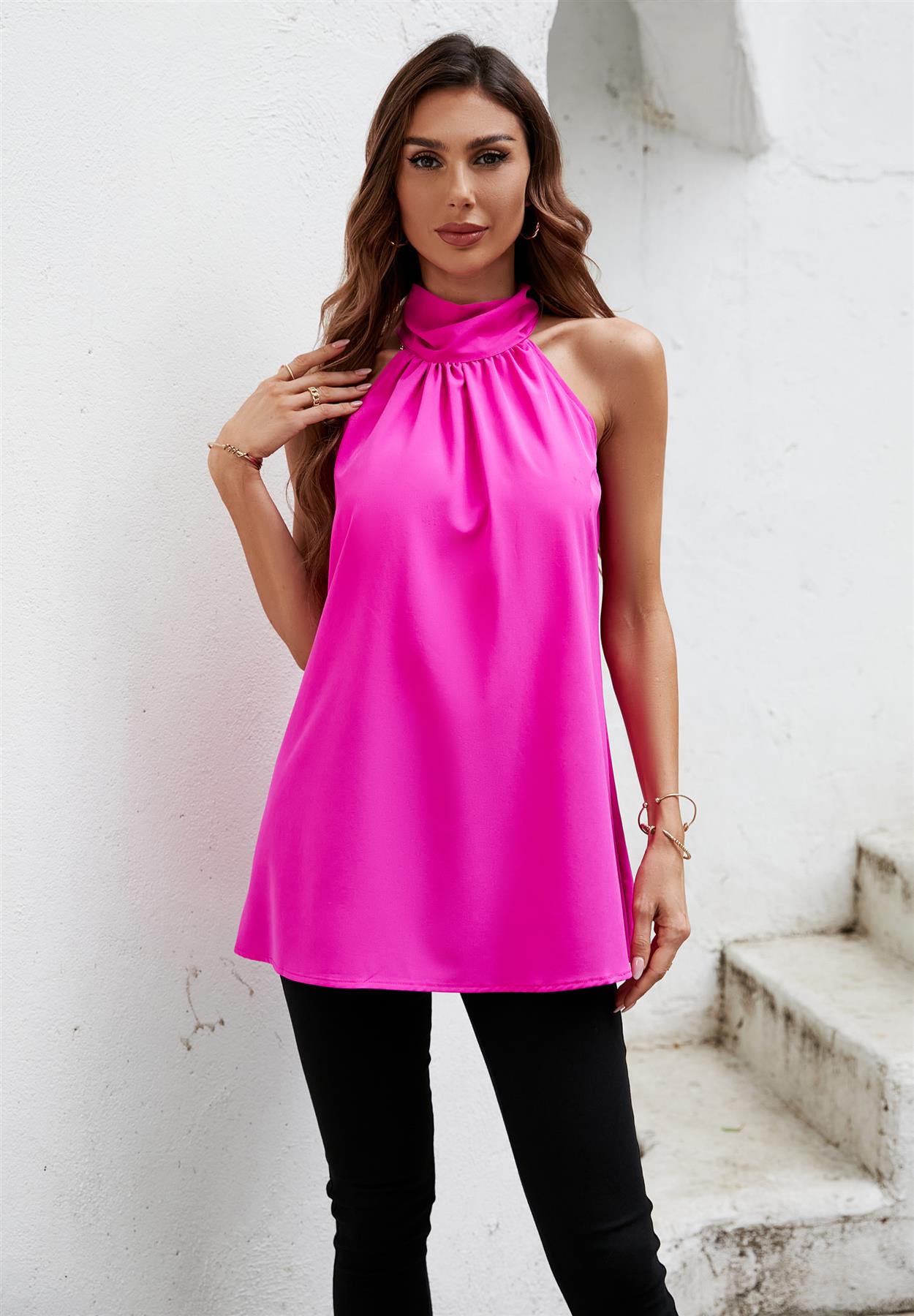 Halter Neck Tie Back Top In Magenta