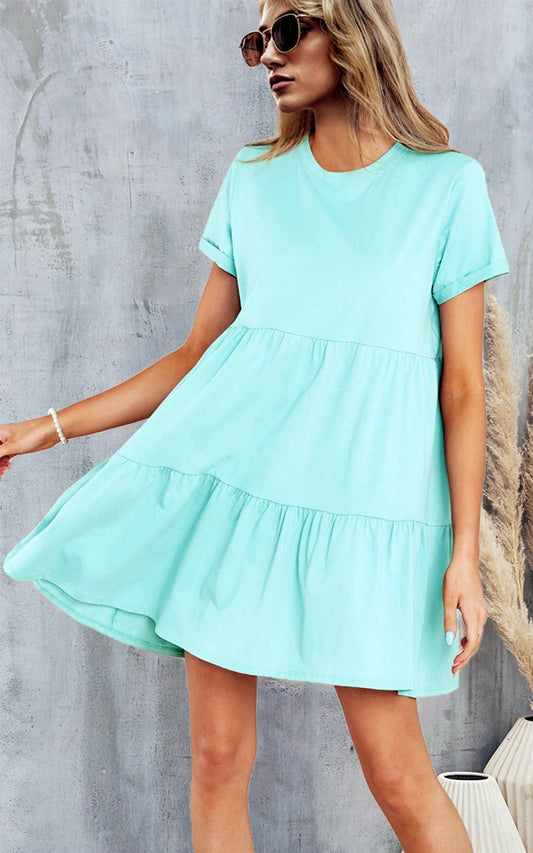 Mint Blue Tiered Mini Smock Tshirt Dress