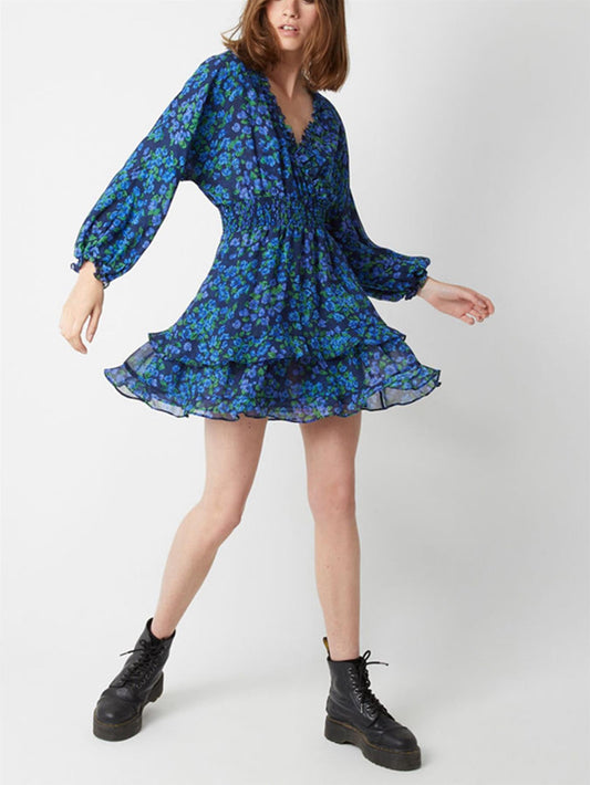 V Neck Long Sleeve Mini Dress With Frill Detail In Blue Floral Print