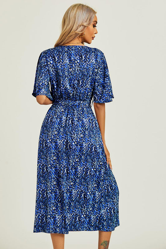 Angel Sleeve Wrap Top Midi Dress In Navy Blue