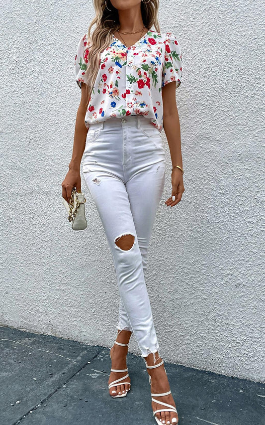 Short Sleeve Buttoned Blouse Top In White & Blue Red Flora Print