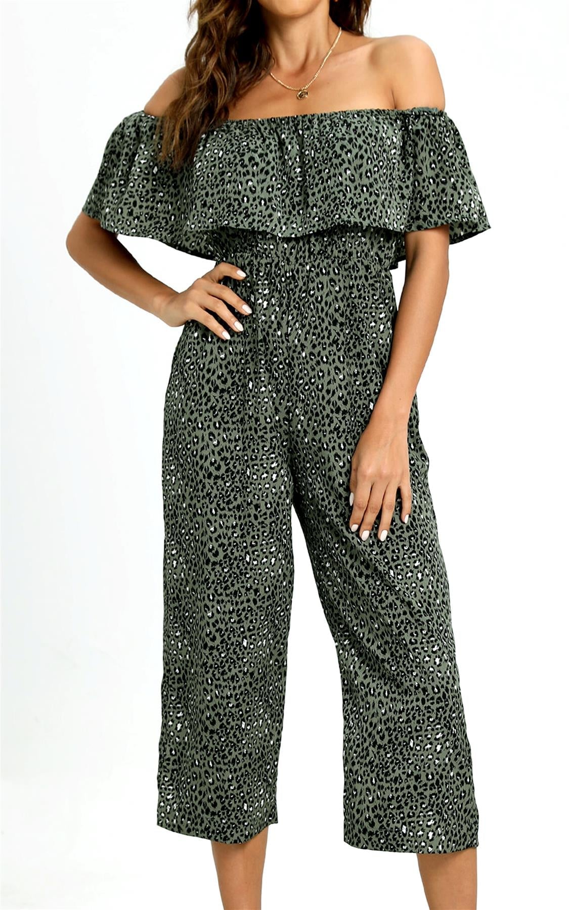 Leopard Print Bardot Ruffles Hem Jumpsuit In Khaki Green