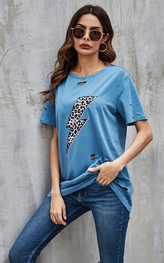 Leopard Super Bold Bolt Print T Shirt Top In Blue