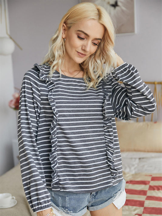 Frill Hem Detail Long Sleeve Breton Striped Top In Grey