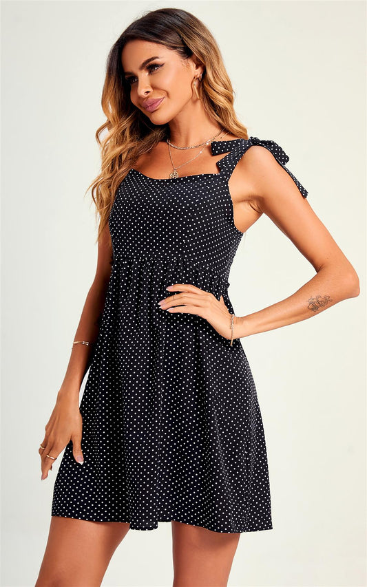 Polka Dot Print Hem Detail Strap Mini Dress In Black