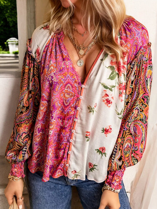 Women's Bohemian Patchwork V-Neck Long Sleeve Blouse with Mixed Floral and Paisley Print