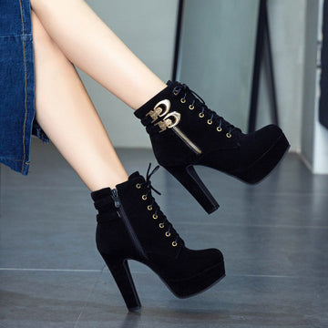 Pointed Lace Up Middle Chunky Heels Short Boots