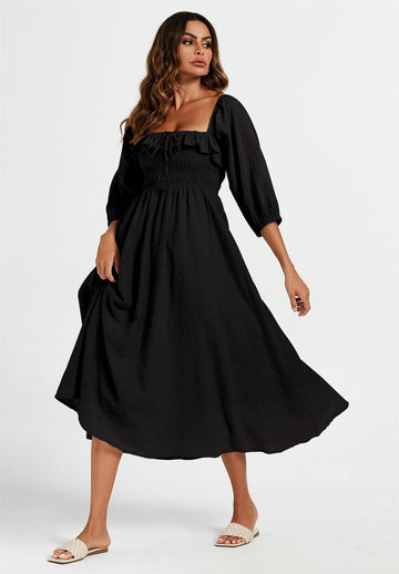 Frill Detail Square Neckline Midi Dress In Black