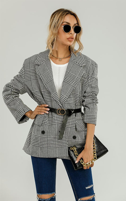 Check Double Breasted Blazer In Black & White