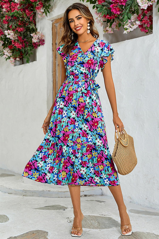 Multi Colour Floral Print Wrap Dress In Navy