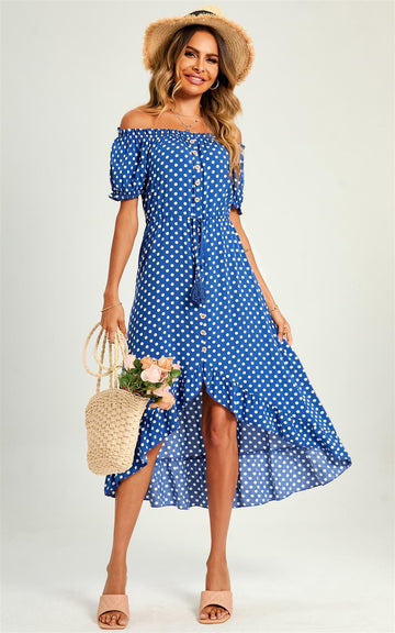 Polka Dot Bardot Frill High Low Slip Midi Dress In Blue