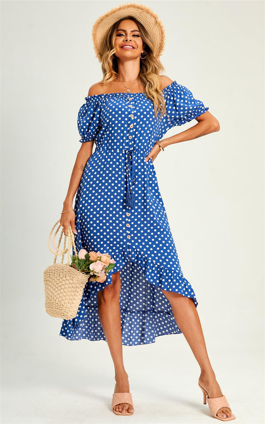 Polka Dot Bardot Frill High Low Slip Midi Dress In Blue