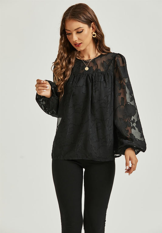 Long Sleeve Flocked Tulle Lace Top In Black