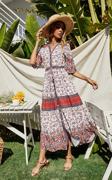 Boho Red Floral Button Down Summer Dresses In White