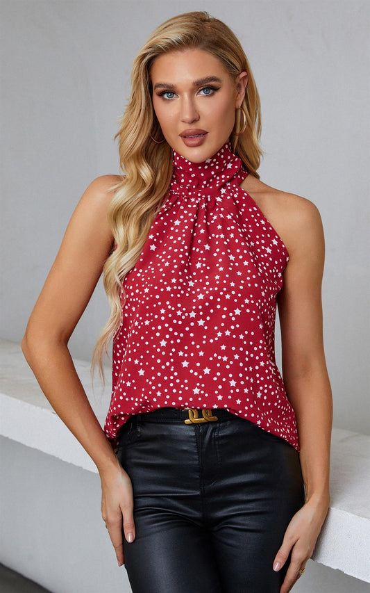 White Star Print Halter Neck Tie Back Top In Red