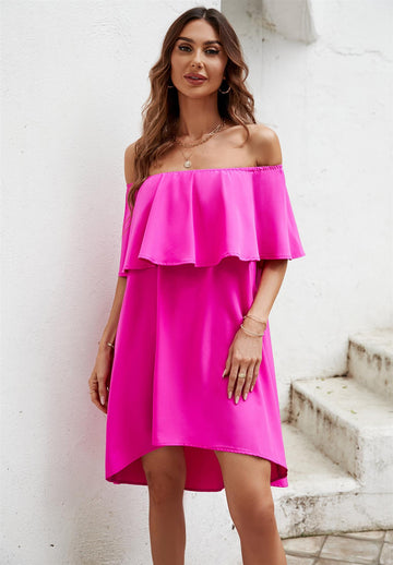 Bardot Frill Off Shoulder Mini Dress In Magenta