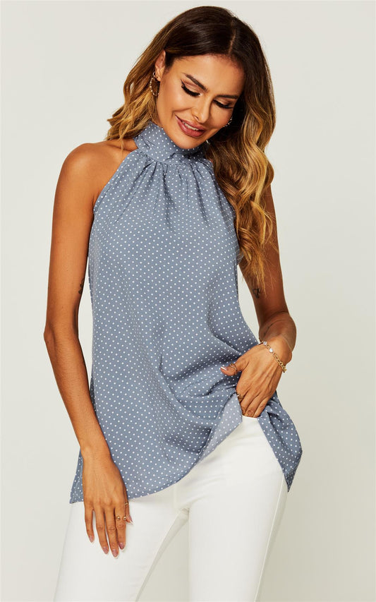 White Polka Dot Print Halter Neck Tie Back Top In Grey Blue