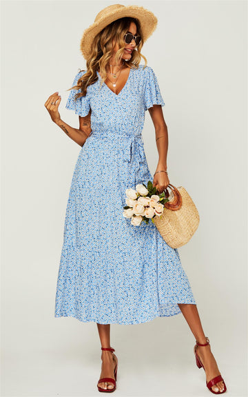 Floral Print Hem Tiered Wrap Midi Dress In Blue