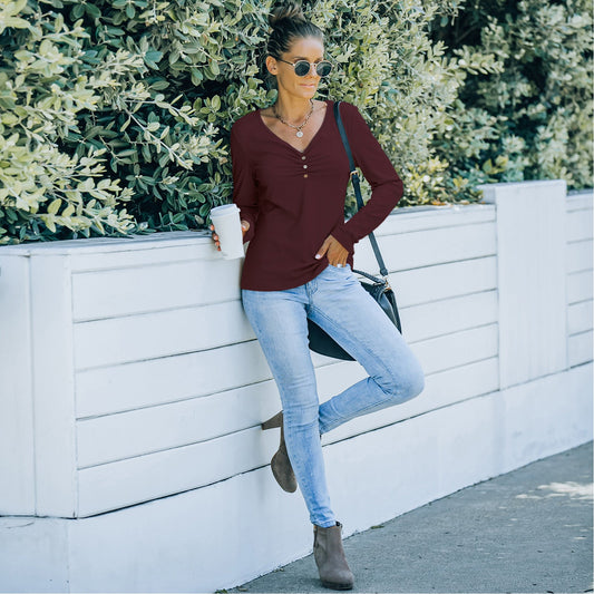 Solid Color Long Sleeve V-Neck T-Shirt Tops