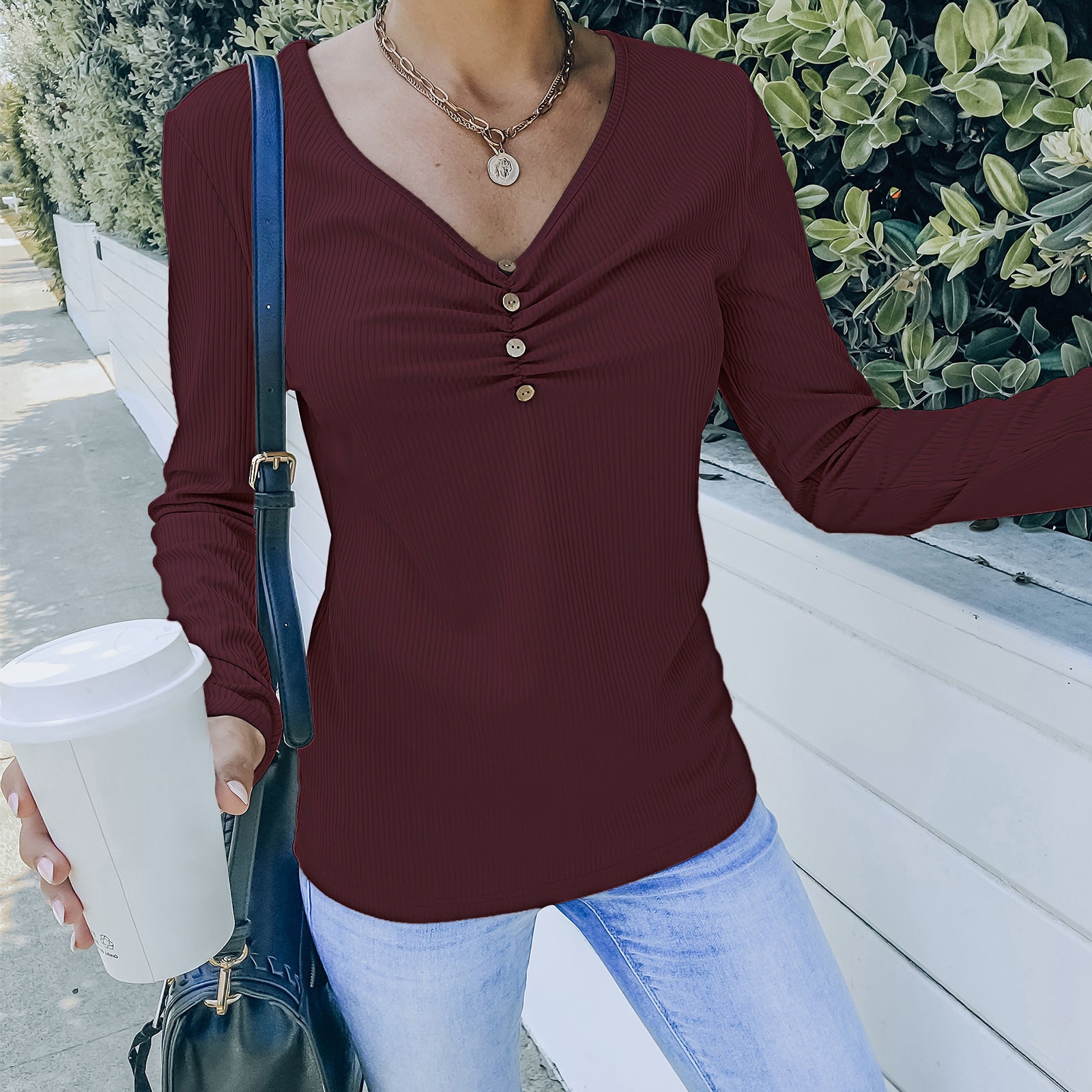 Solid Color Long Sleeve V-Neck T-Shirt Tops