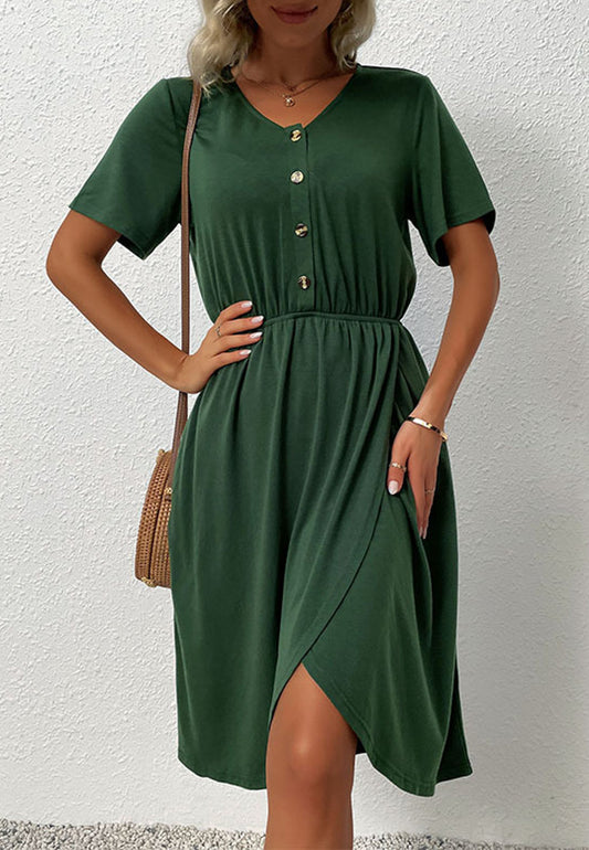 Button Front Overlap Hem Dress