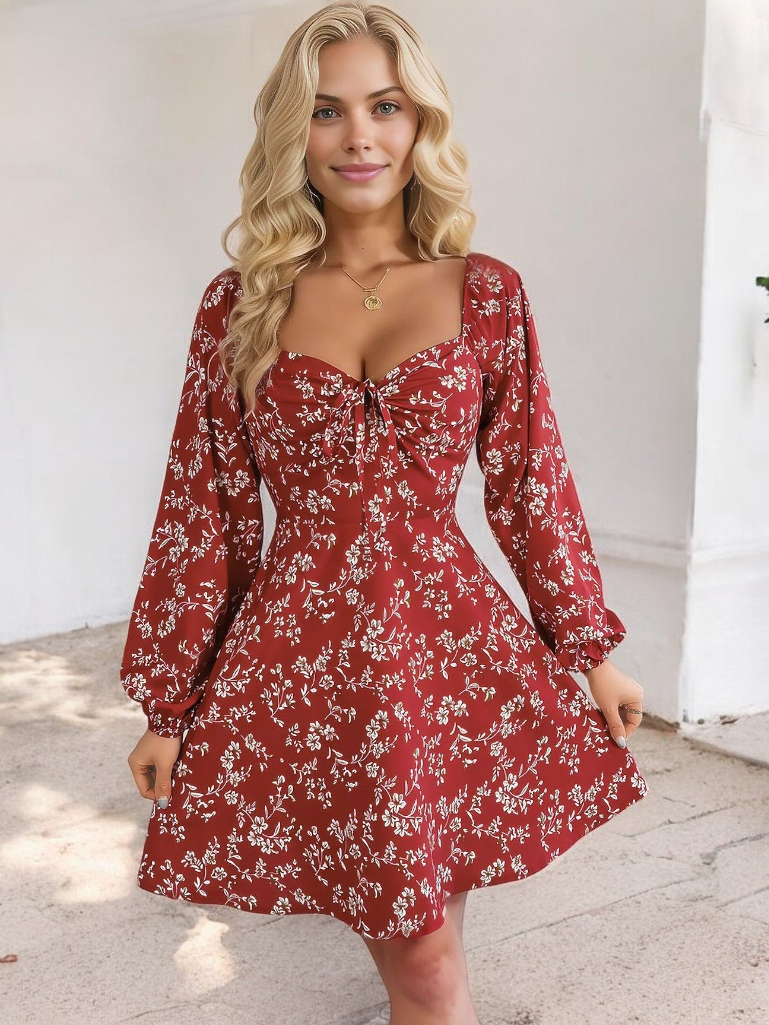 Women's Floral Long Sleeve Dress with Sweetheart Neckline and Tie Detail